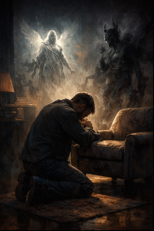 A man kneeling in a dark living room, forehead against a chair, lamplight gold on the edges