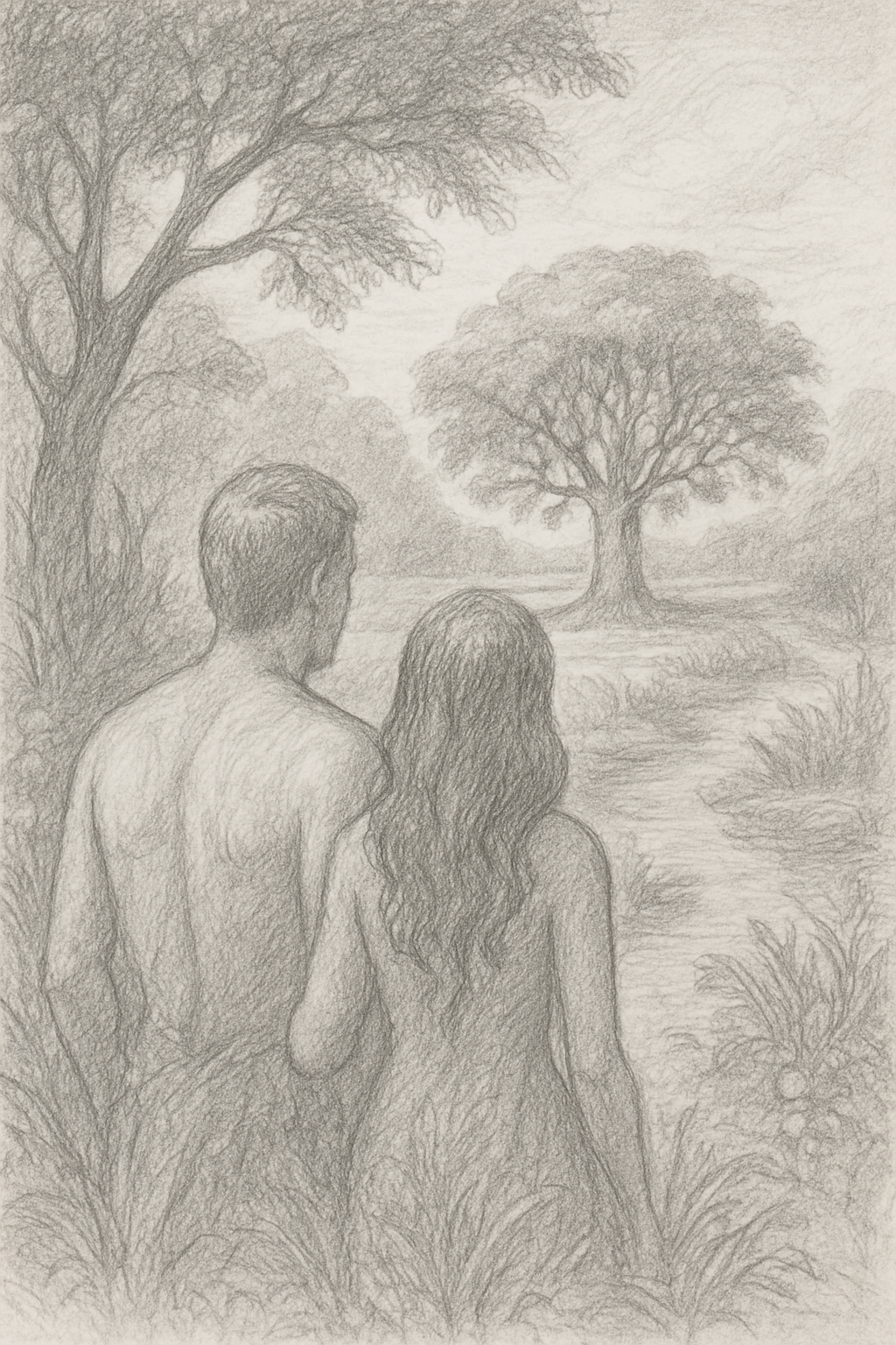 Man and woman gazing at the tree in Eden