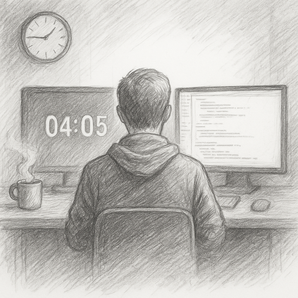 Man at computer terminal at 04:05